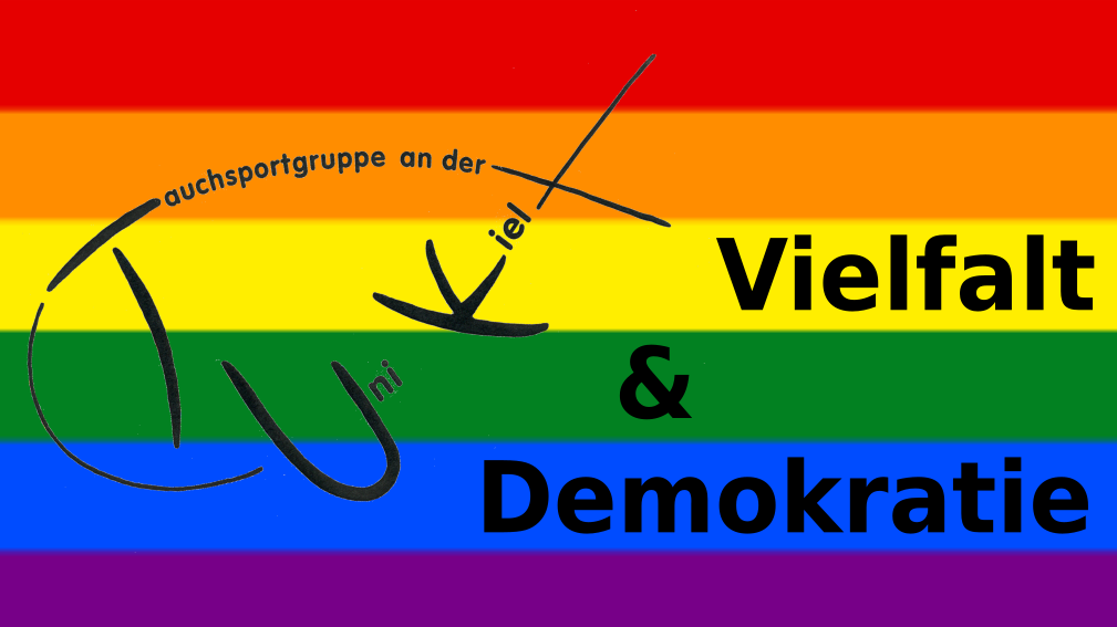 Vereinslogo Fisch auf Regenbogenflagge mit Schrift Demokratie und Vielfalt